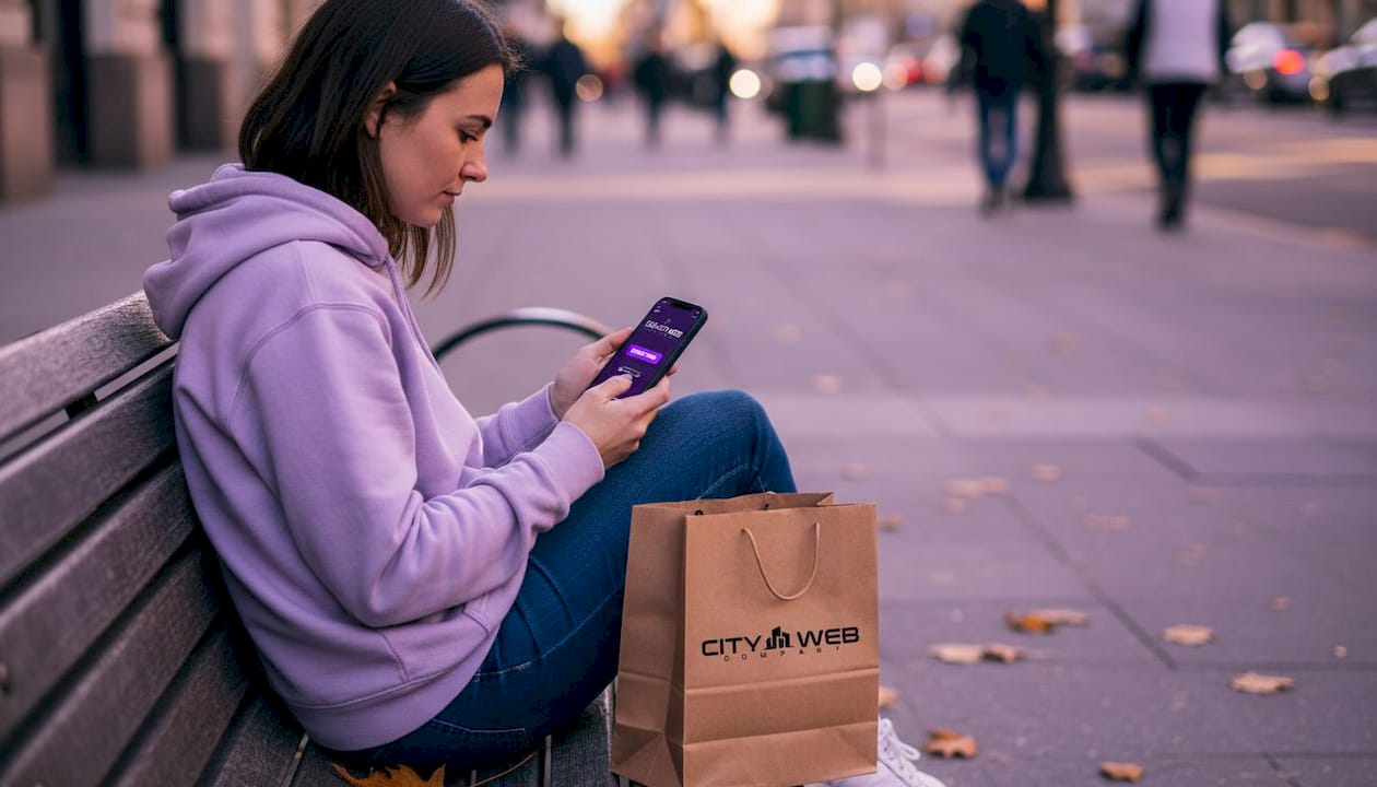 Person books service on mobile website outdoors