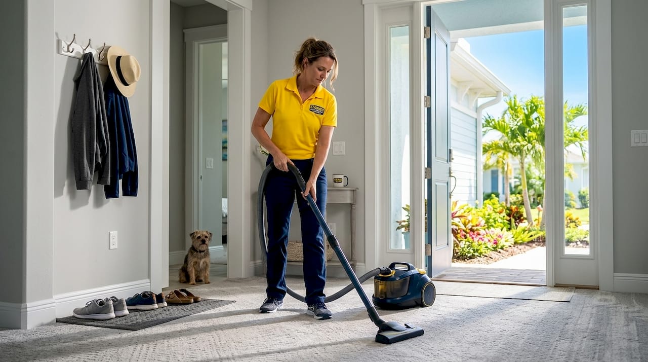 Woman vacuuming carpeted hallway near front door