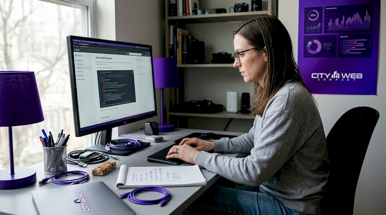 Woman adding Meta Pixel code at home desk