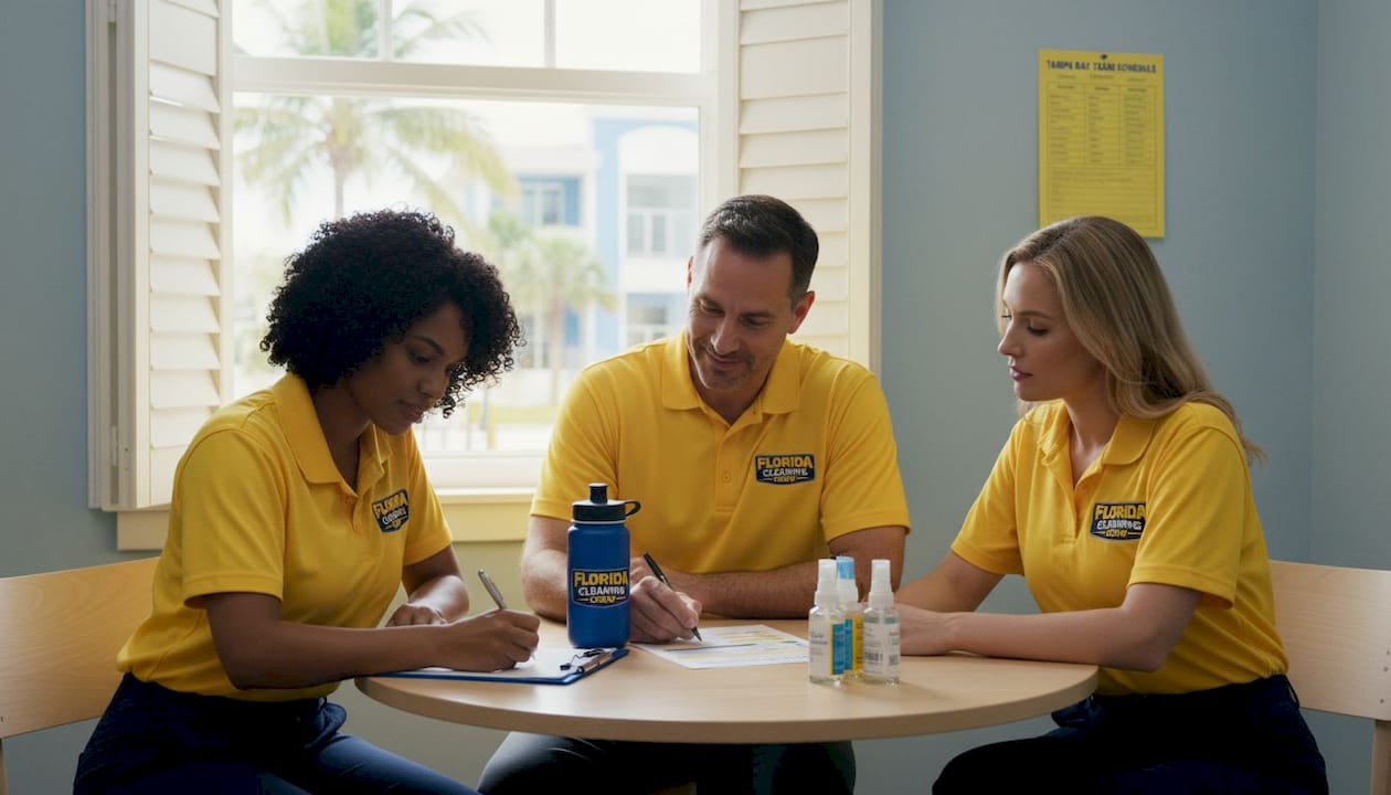 Cleaning company team discusses plans in office