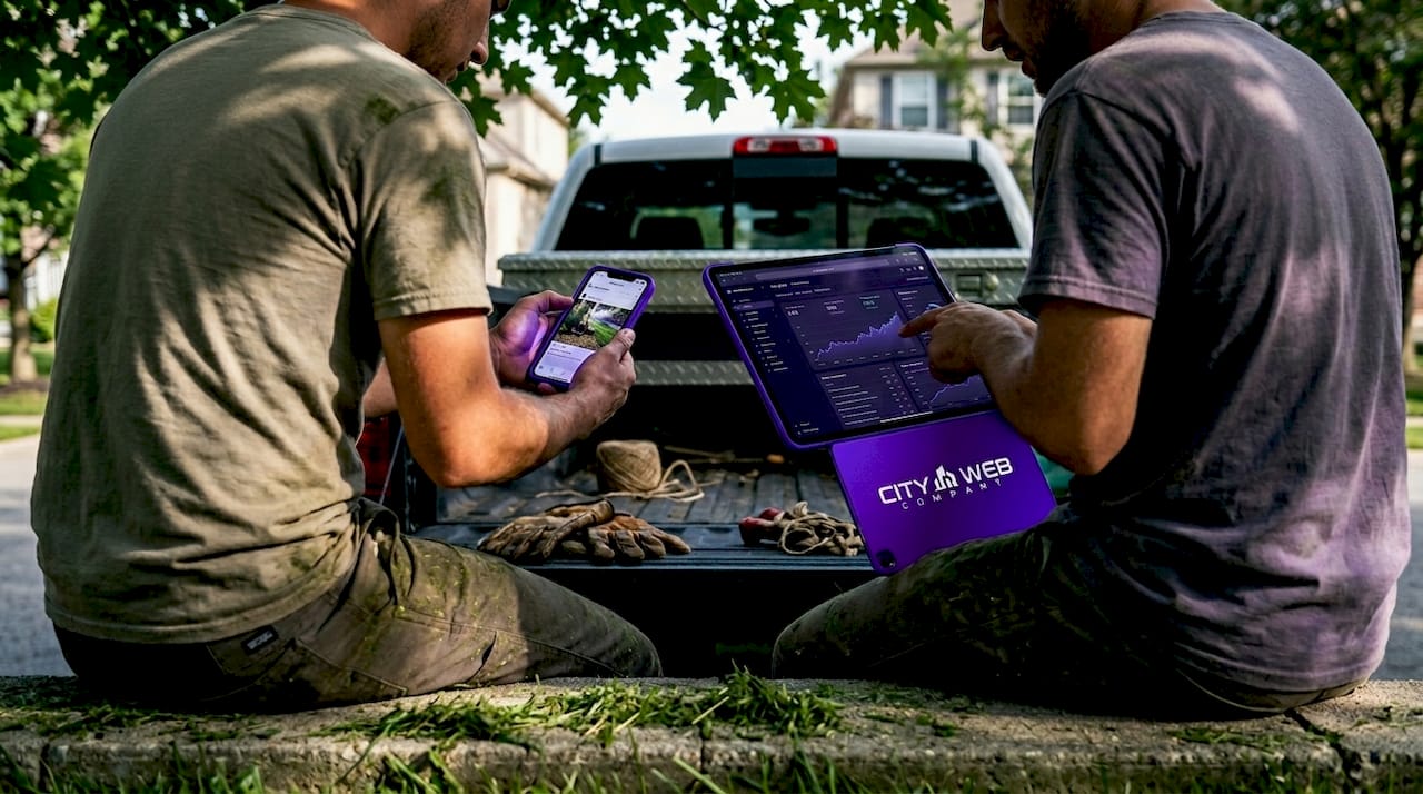 Landscaping crew sharing work updates on social media