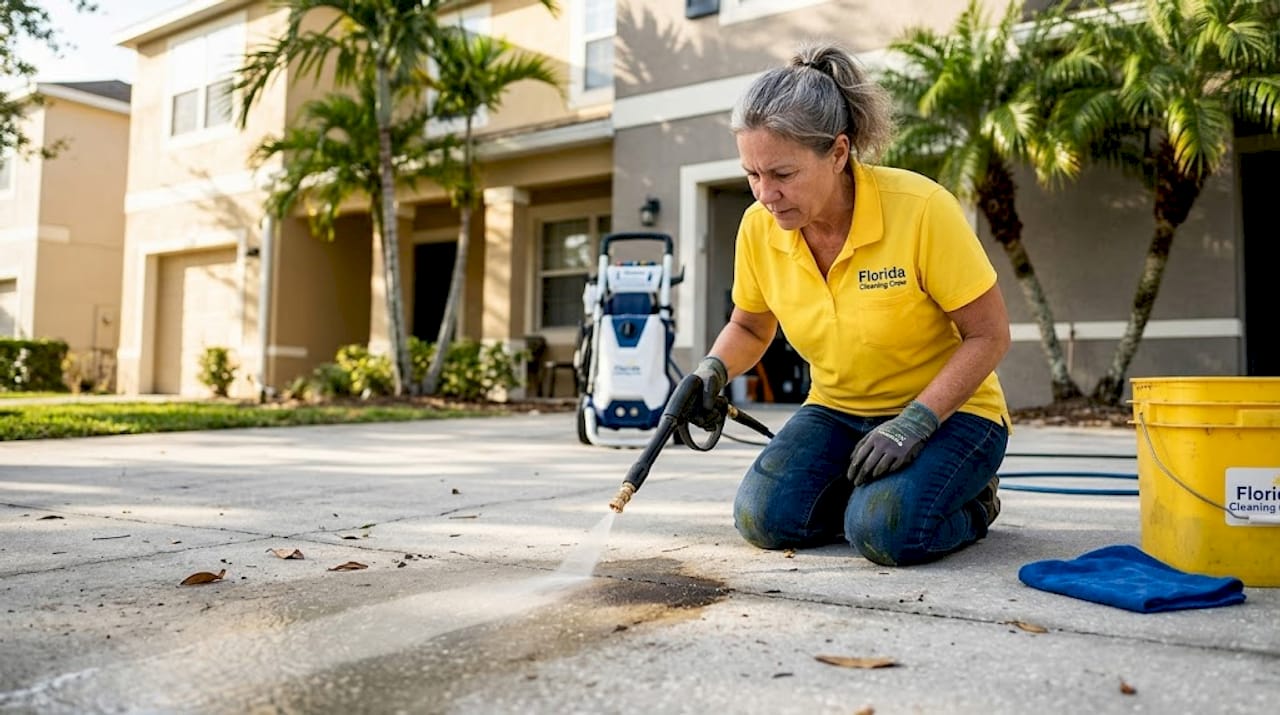 Woman cleaning rental driveway with pressure washer