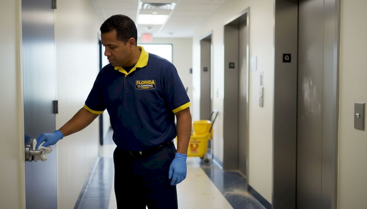 Janitor cleaning high-touch door handles