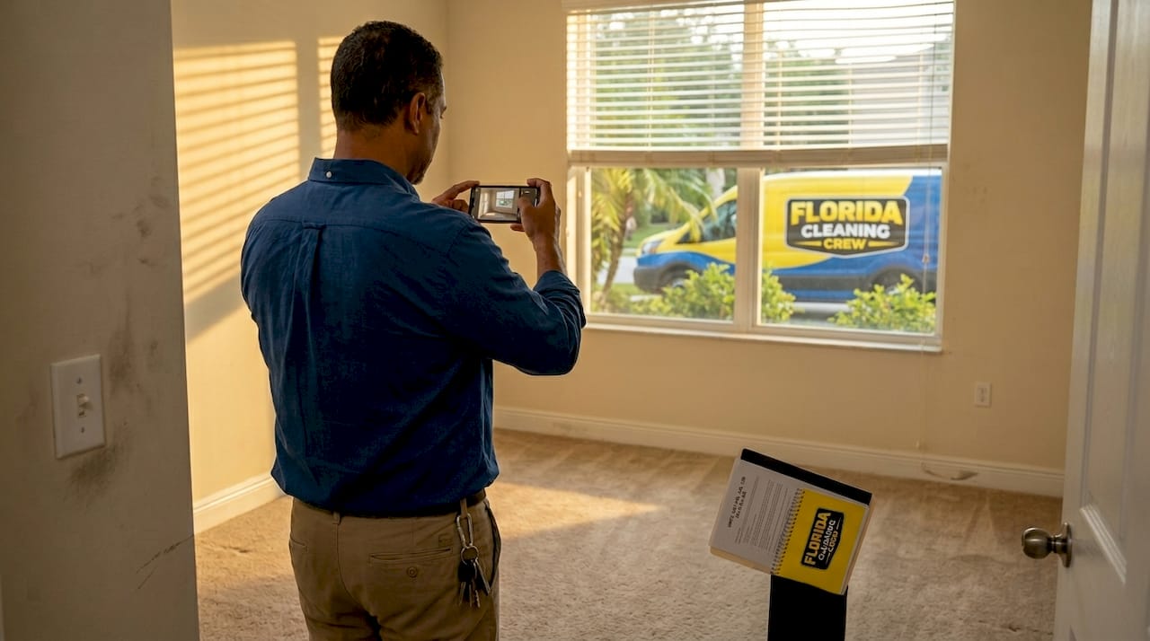 Landlord photographing cleaned empty bedroom