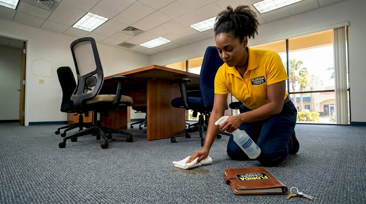 Manager spot cleaning conference room carpet