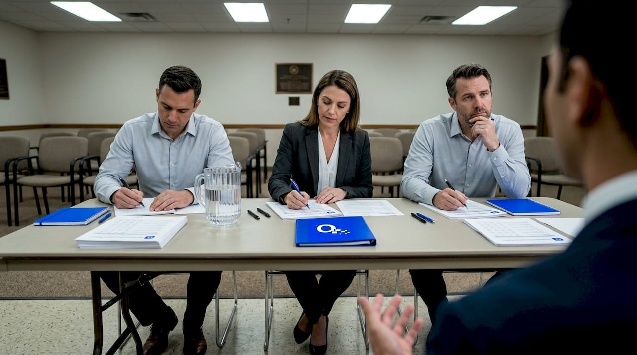 Firefighter interview panel in meeting room