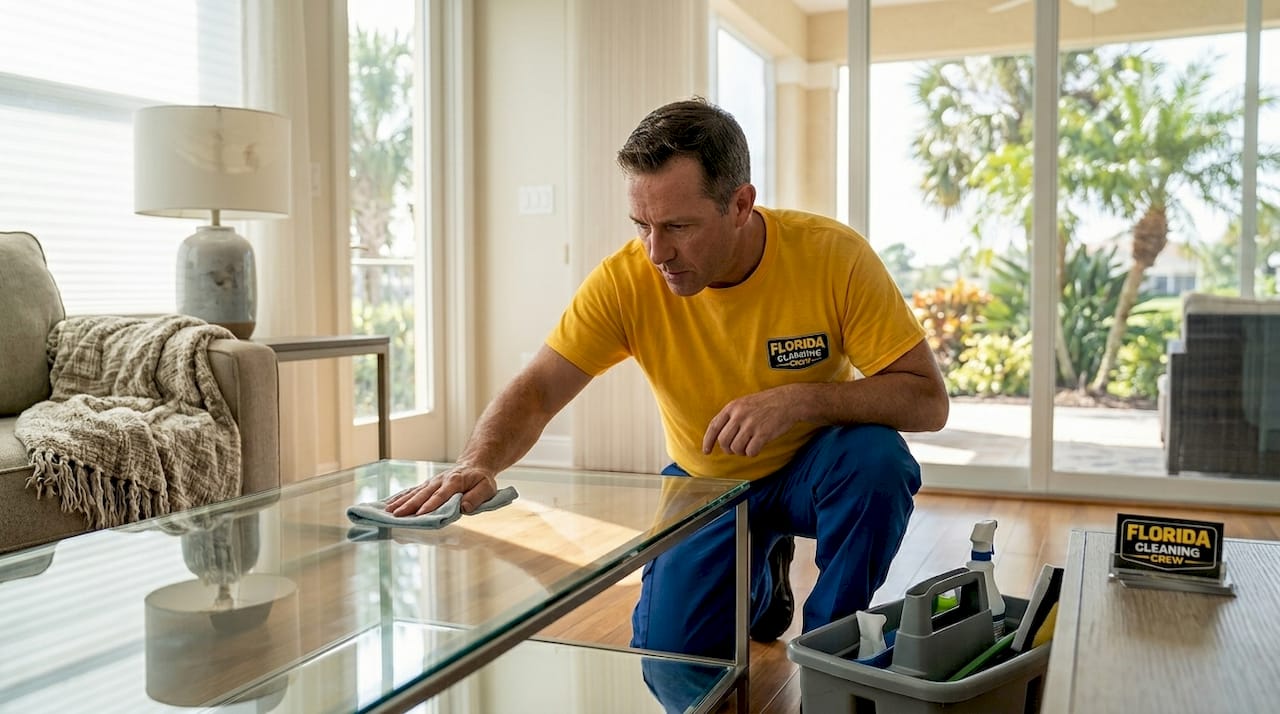 Cleaner inspecting table for missed spot