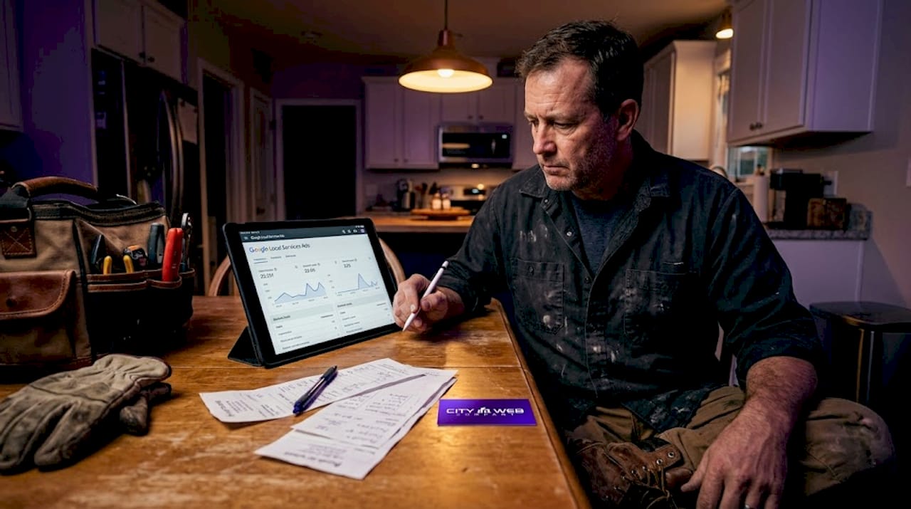 Plumber using tablet for Google Local Ads