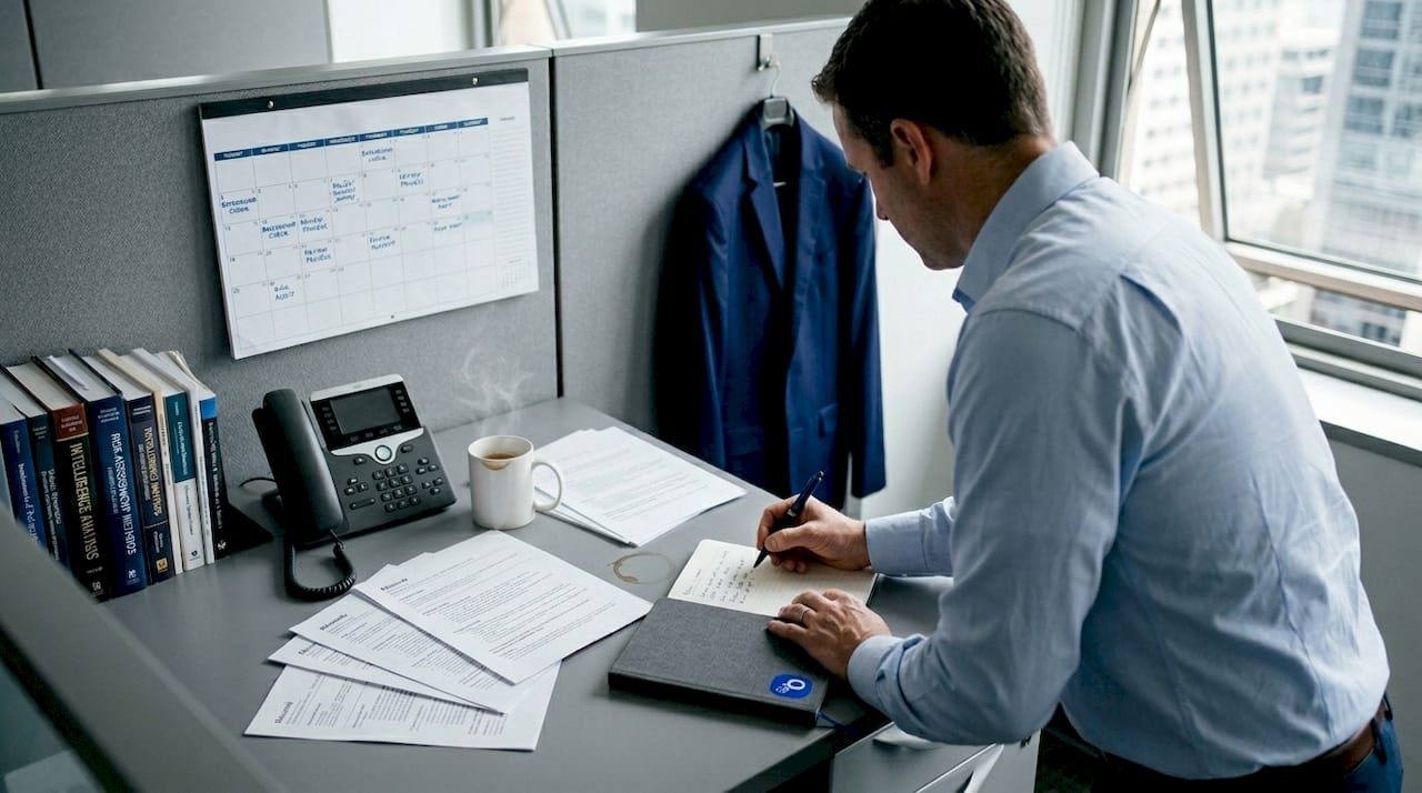 Risk manager reviewing resumes in workplace