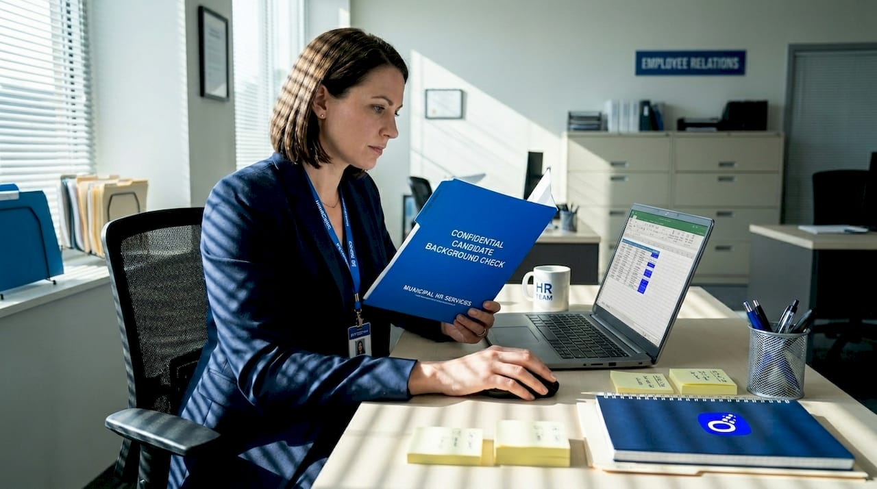 HR professional comparing candidate records at desk
