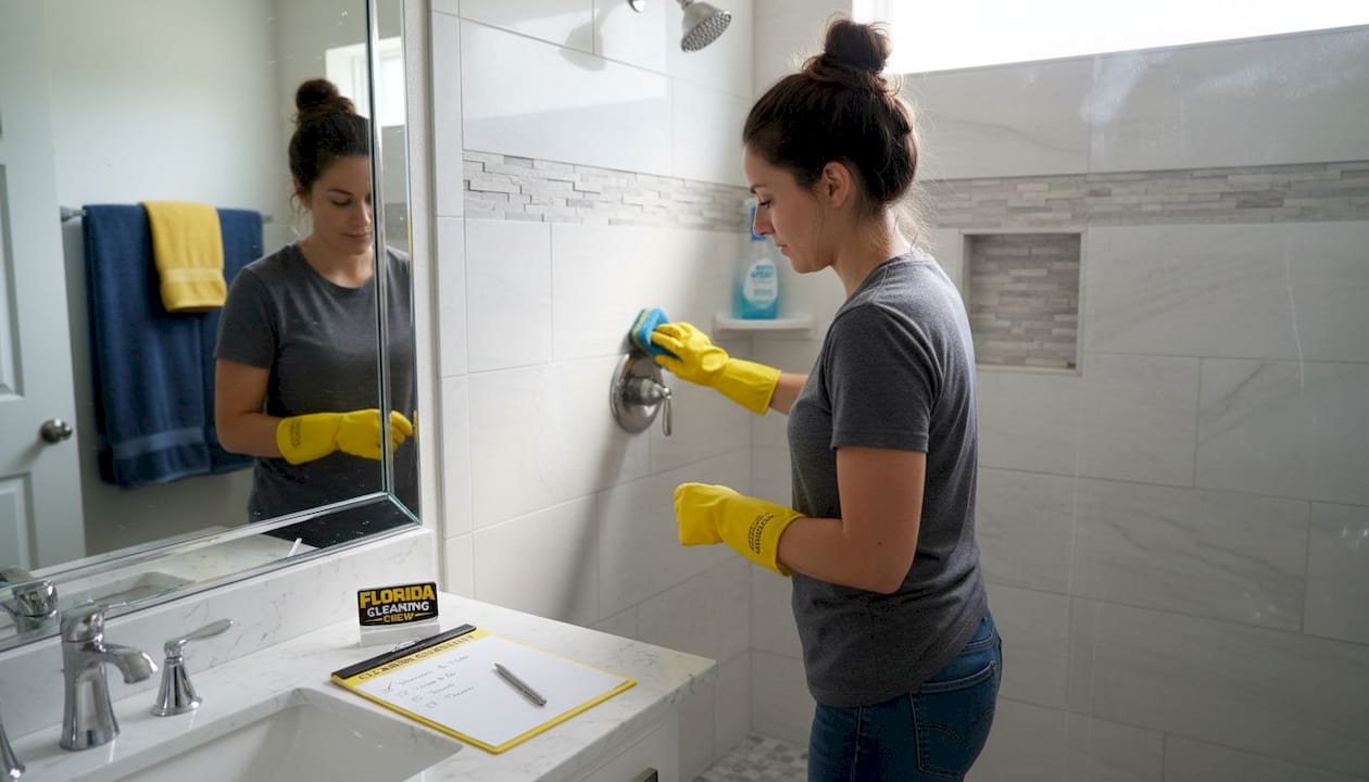 Professional cleaning tile grout in home bathroom