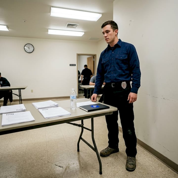 Firefighter candidate awaiting written assessment in HR room