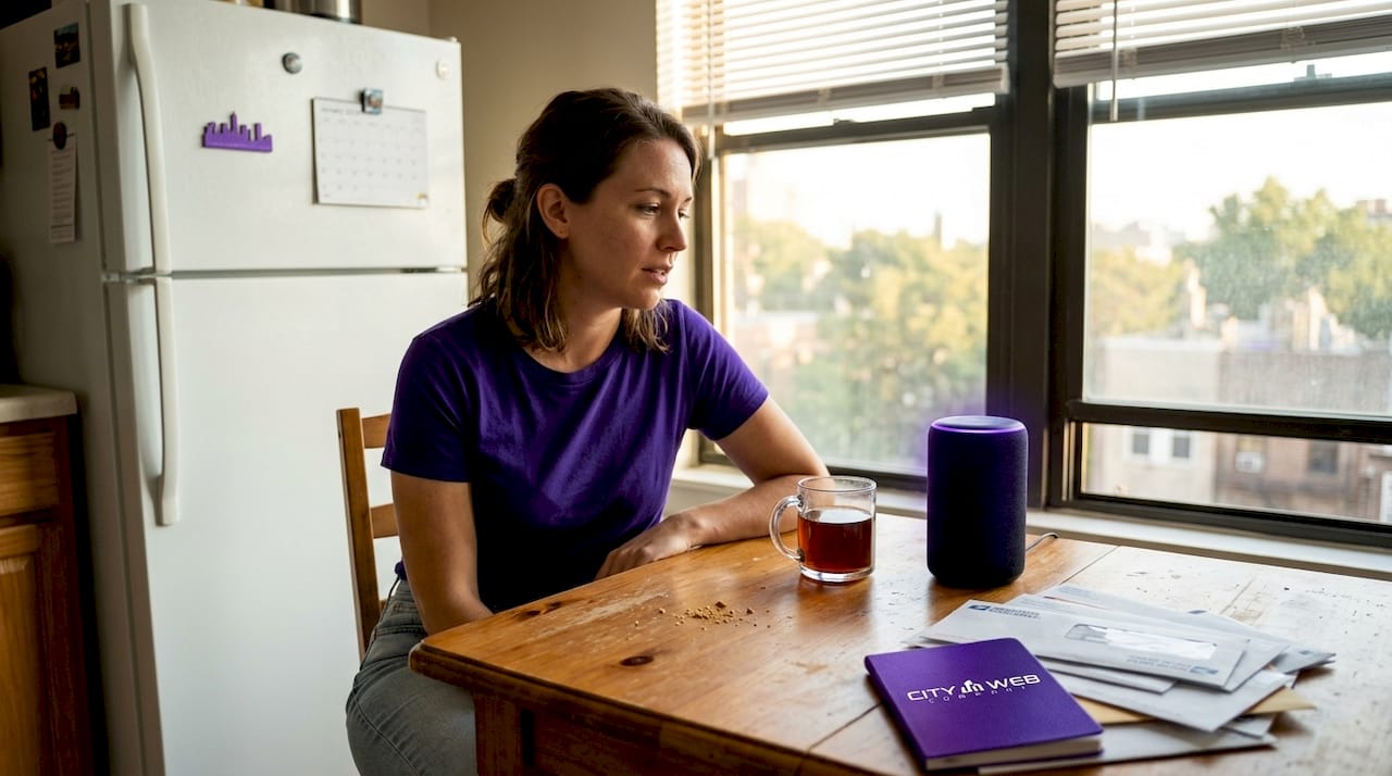 Woman interacts with smart speaker at kitchen table