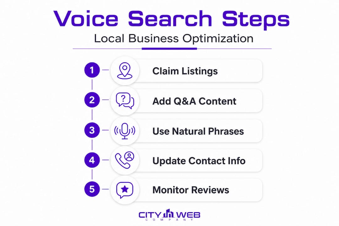 Infographic showing five steps to voice search optimization
