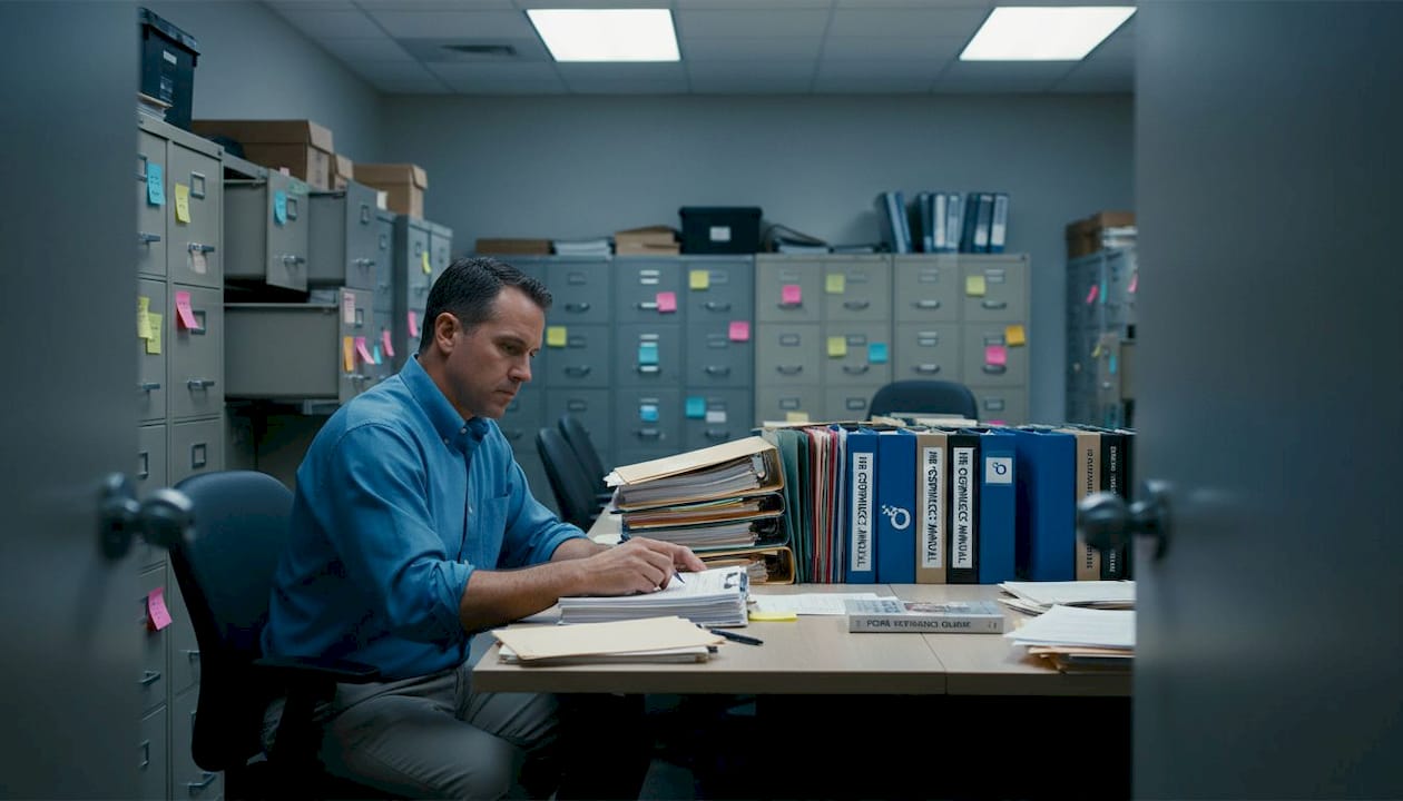 HR manager reviewing compliance paperwork in records room
