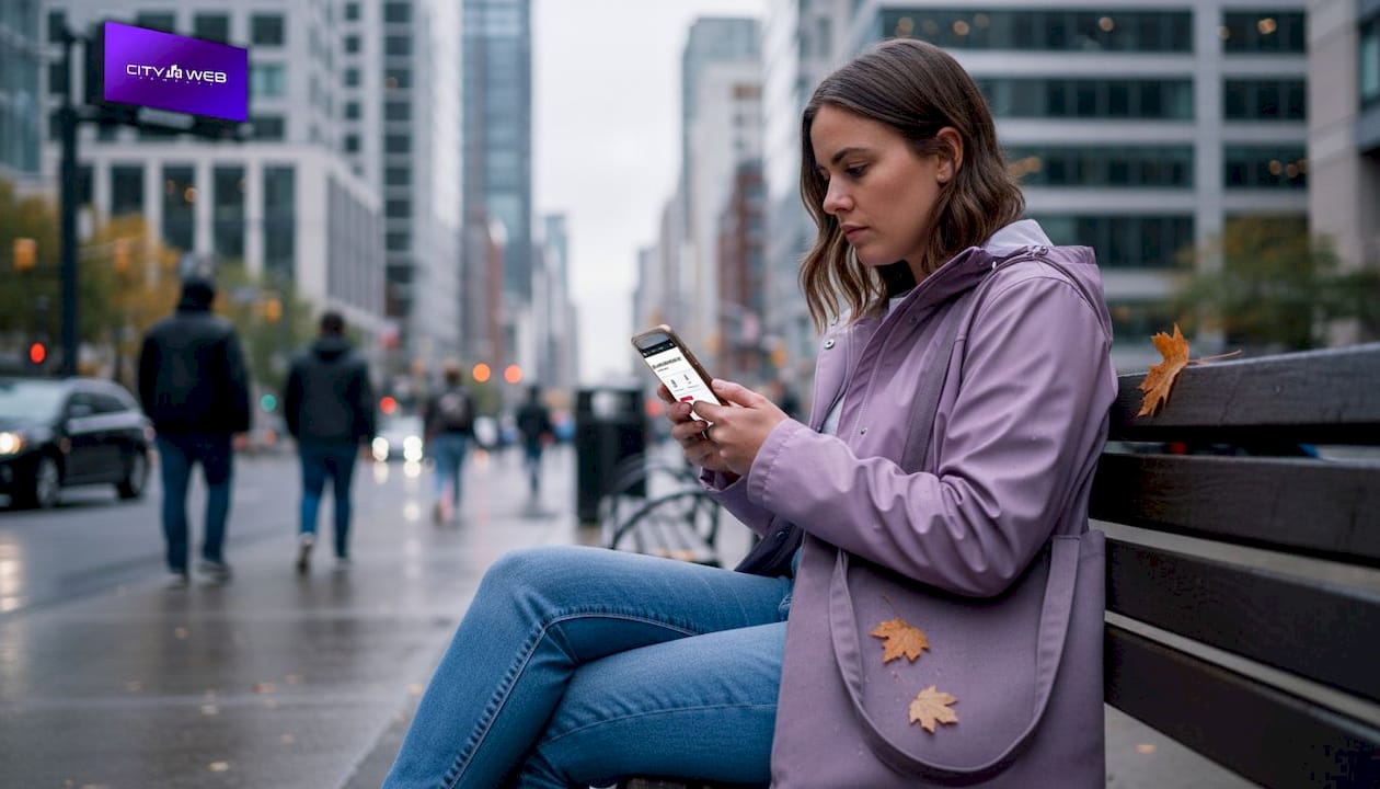 Young customer explores service website on phone outdoors