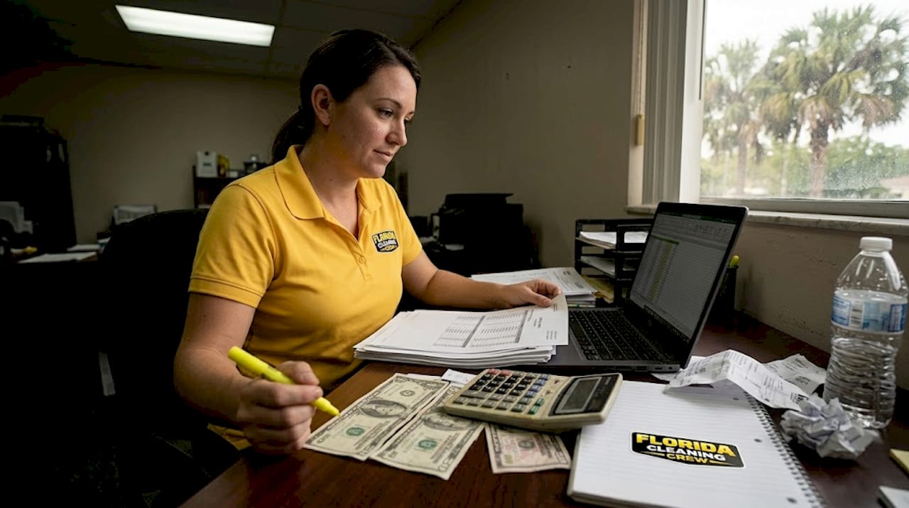 Small business owner reviewing janitorial costs