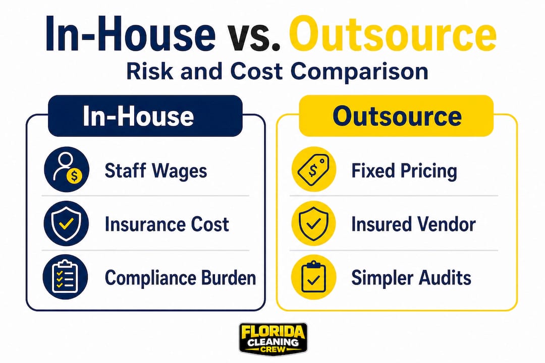 Infographic comparing janitorial in-house and outsourcing