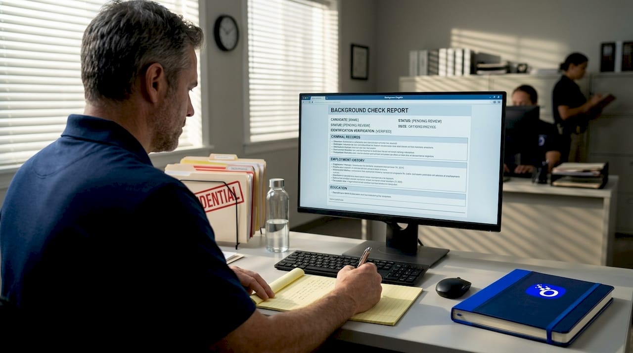 Investigator reviewing background check report