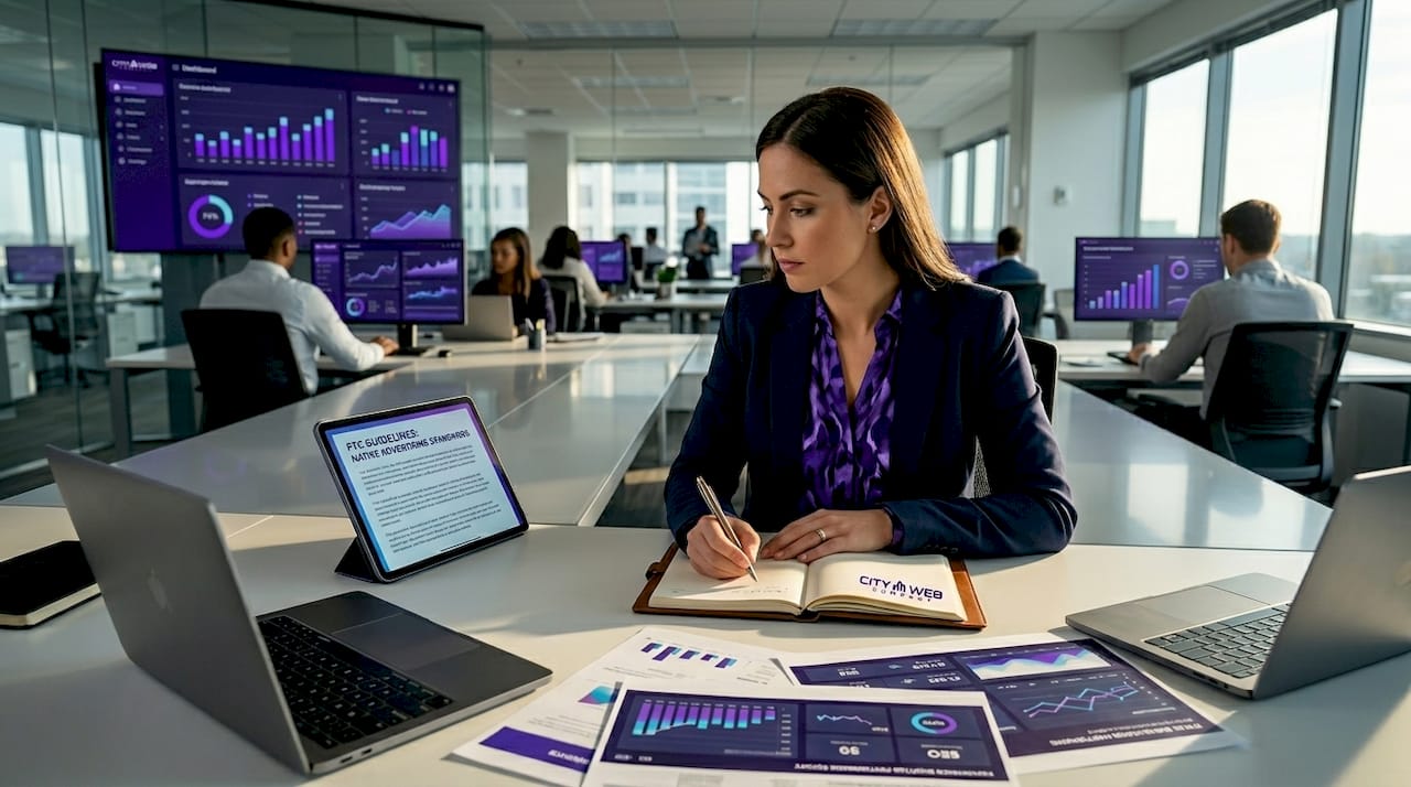 Compliance manager reading FTC guidelines in office
