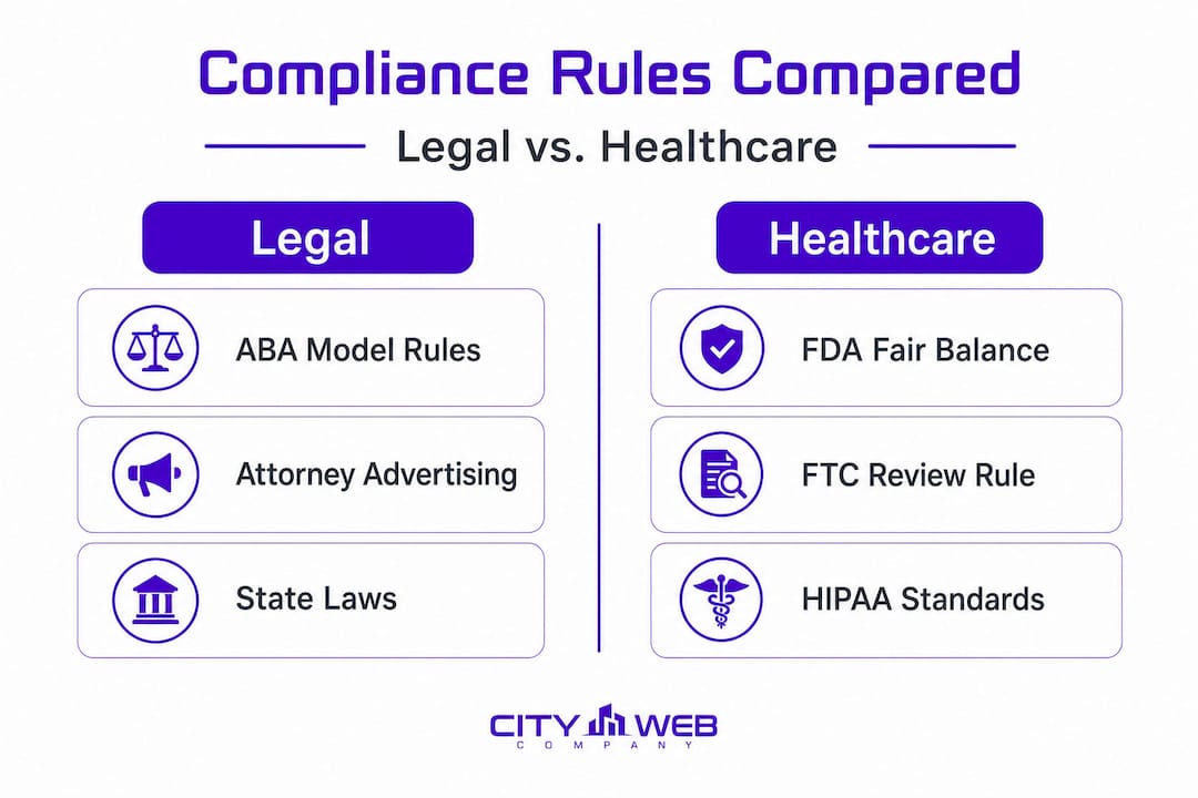 Infographic comparing legal and healthcare compliance rules