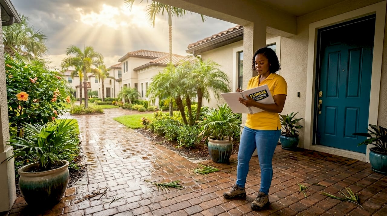 Property manager inspecting exterior after storm
