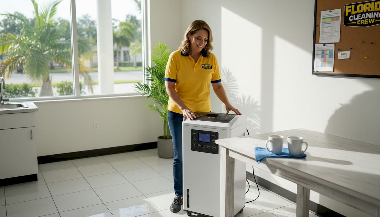 Property manager checking dehumidifier in office break room