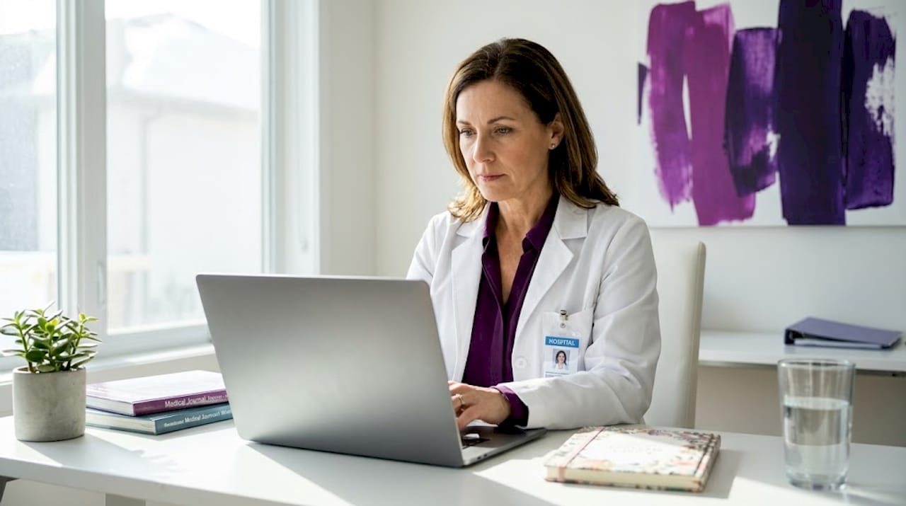 Physician updates credentials in home office