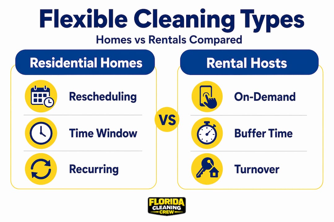 Split infographic showing flexible cleaning types