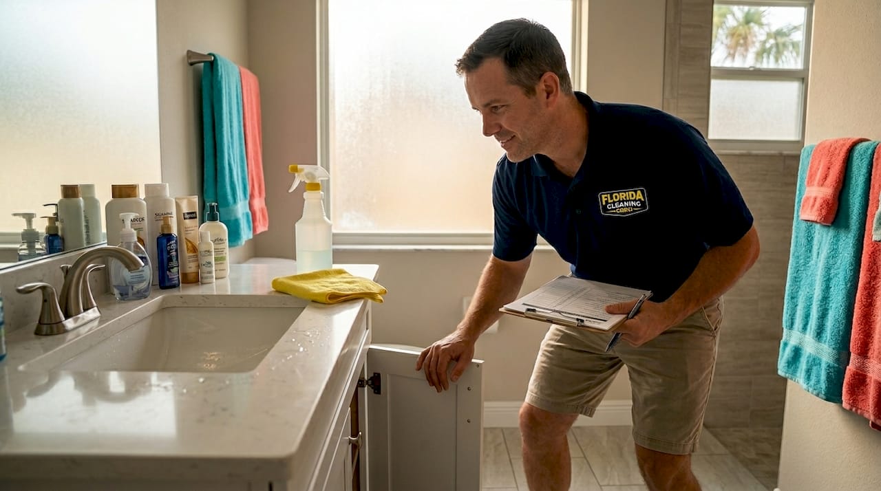 Cleaner inspecting kitchen for quality control