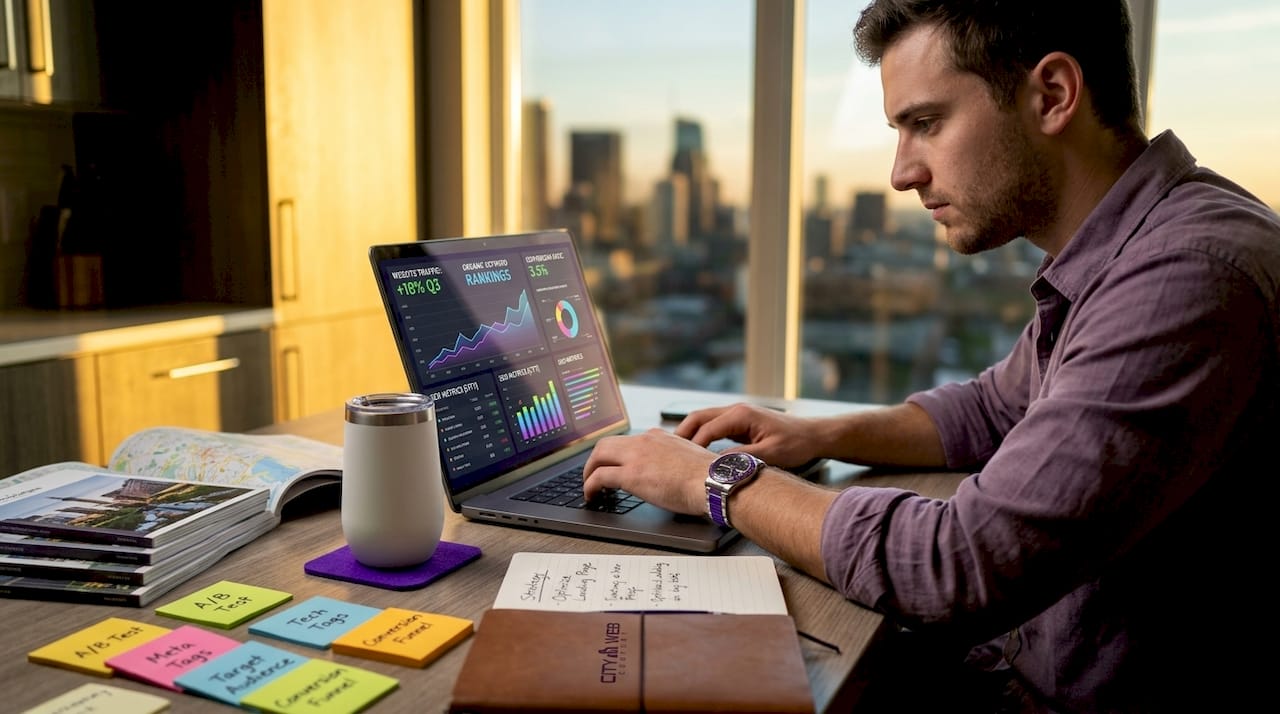 Copywriter creating content with city notes and maps
