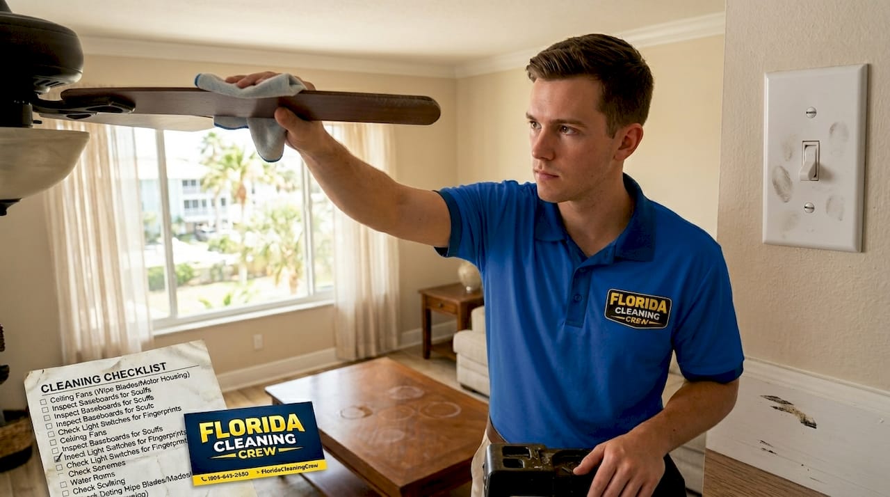 Cleaner inspecting ceiling fan in lived-in room