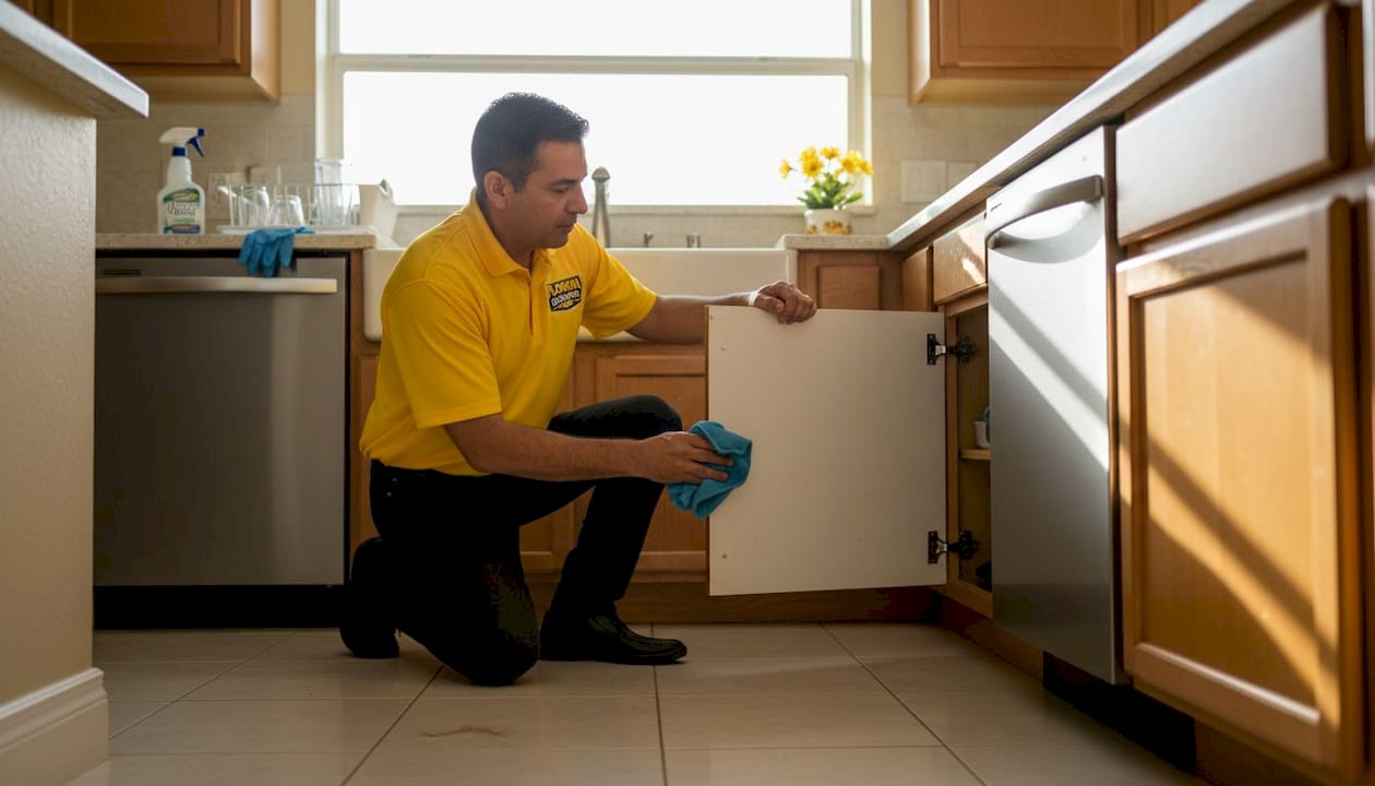 Man cleaning kitchen cabinet in rental property