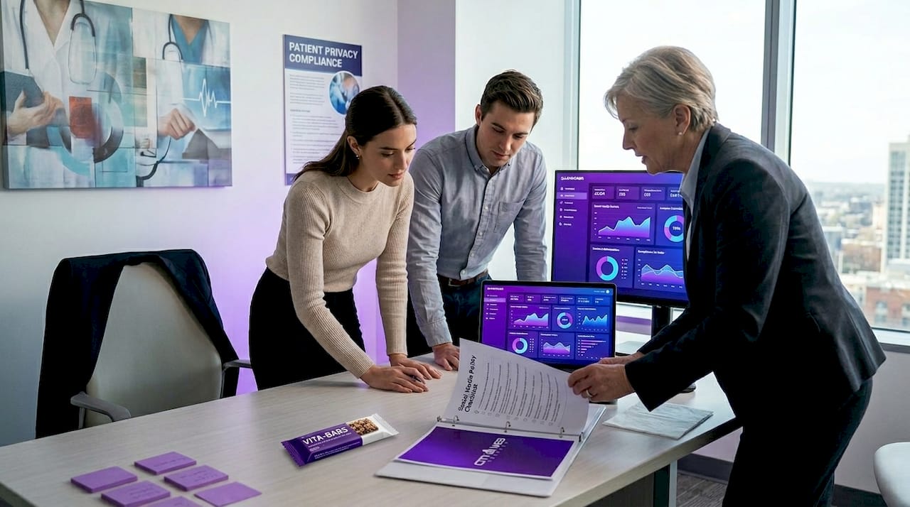 Healthcare marketing team reviews ad compliance steps