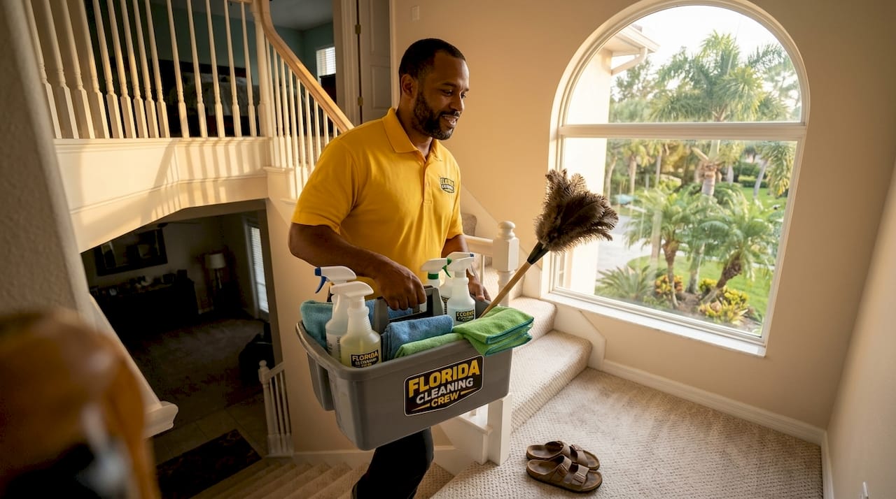 Man carries cleaning caddy upstairs Tampa home