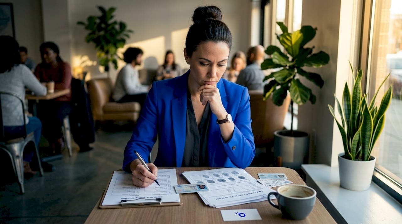Specialist reviewing background check forms at desk
