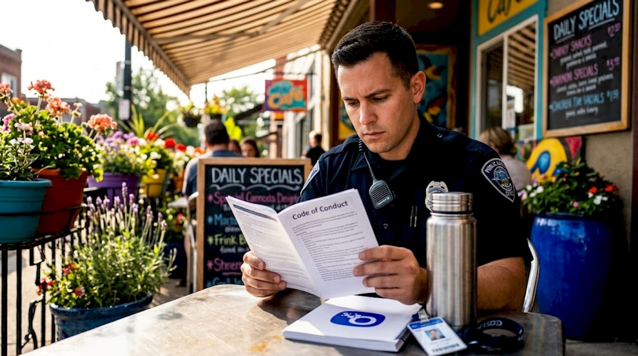 Employee reading code of conduct in breakroom