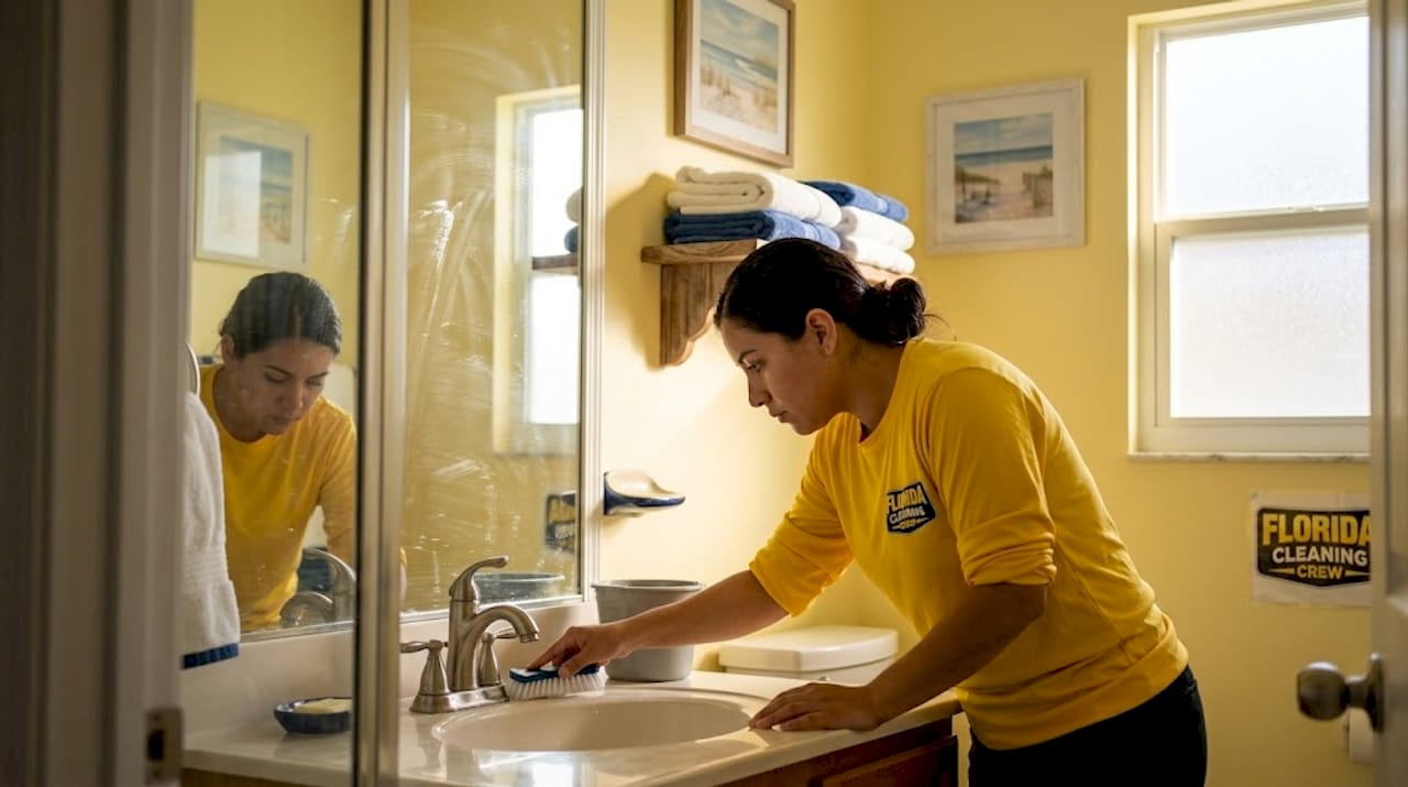 Housekeeper performing hotel bathroom deep clean