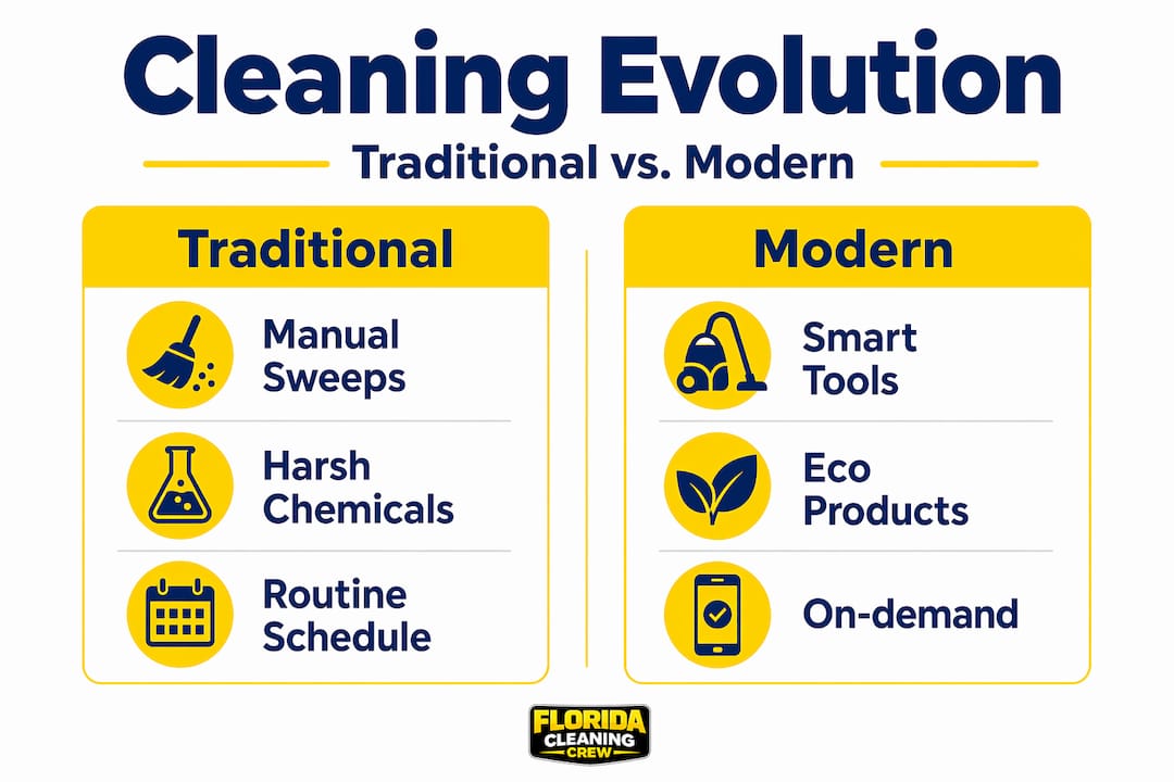 Infographic comparing traditional and modern cleaning practices