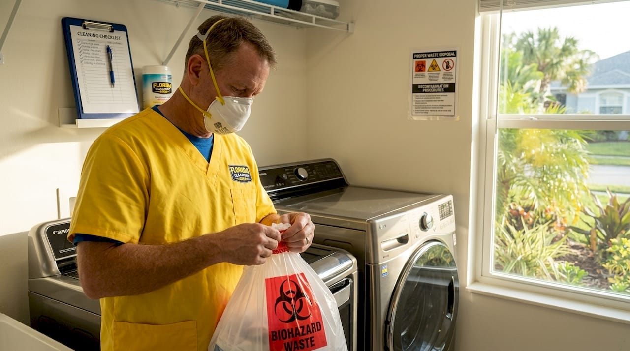 Technician sealing biohazard bag in laundry room
