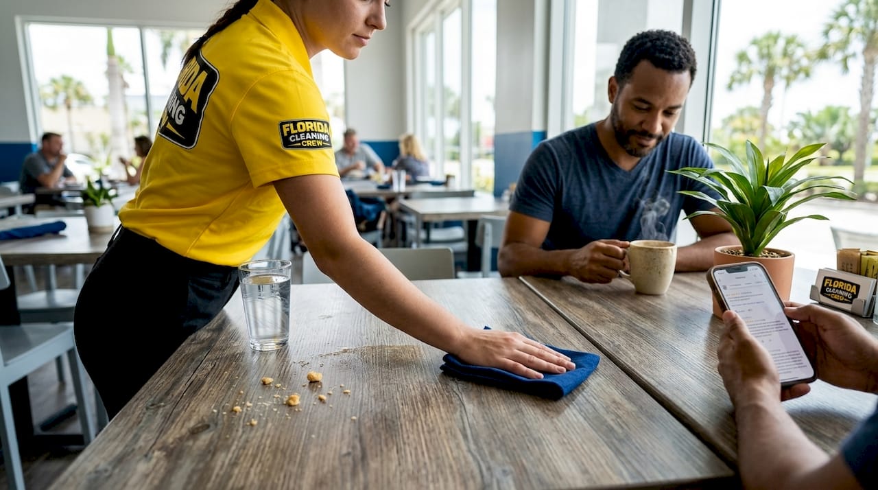 Server cleaning table as customer reads reviews