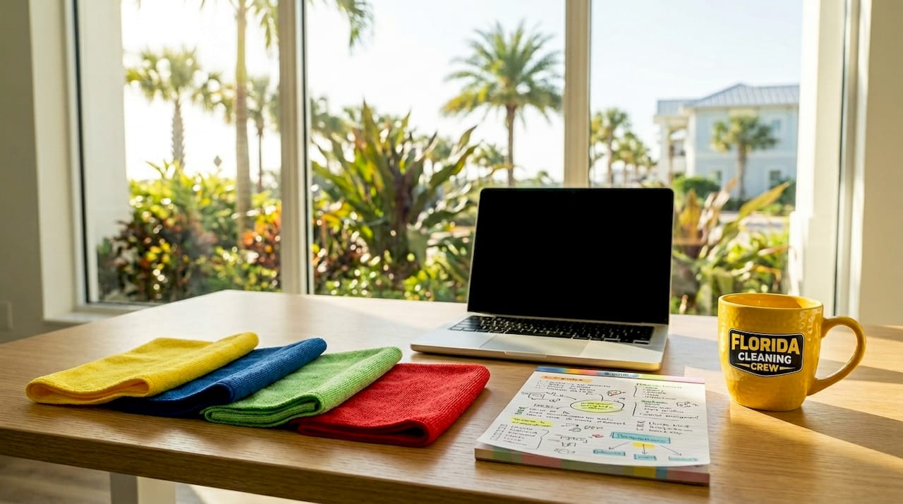 Color-coded microfiber cloths stacked on desk