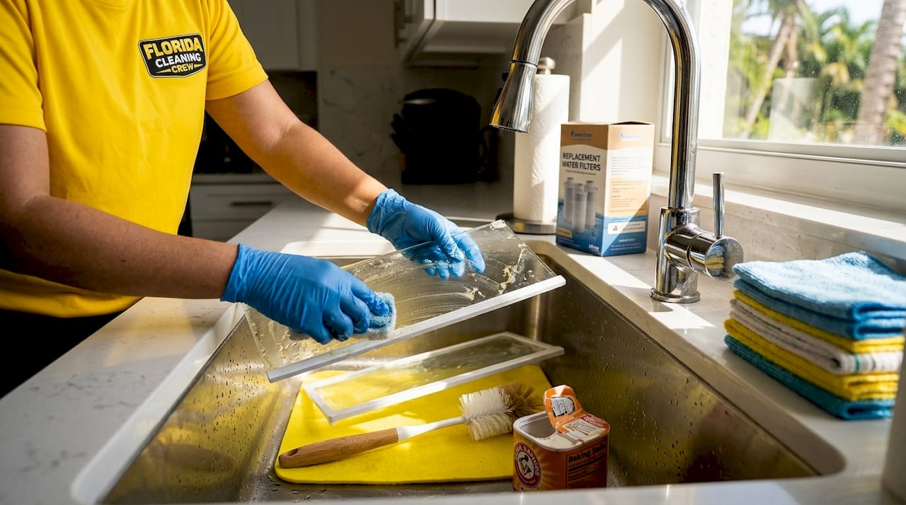 Hands cleaning refrigerator shelves in utility sink