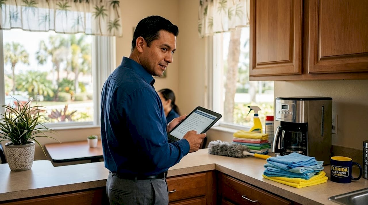Supervisor checking cleaning inspection on tablet