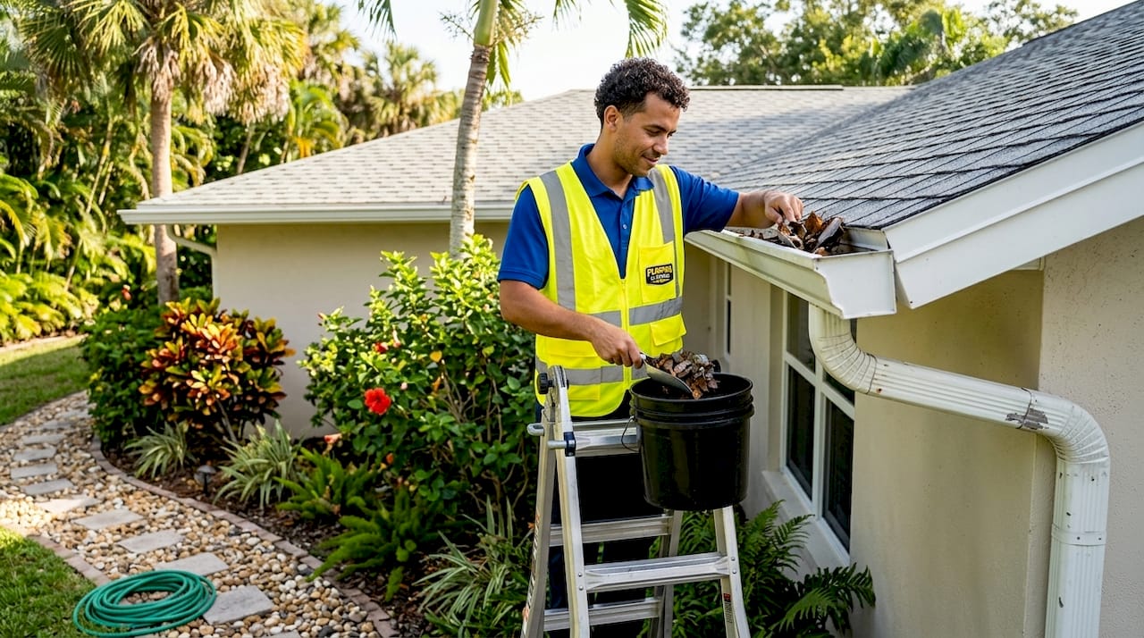 Technician removing debris from home gutter