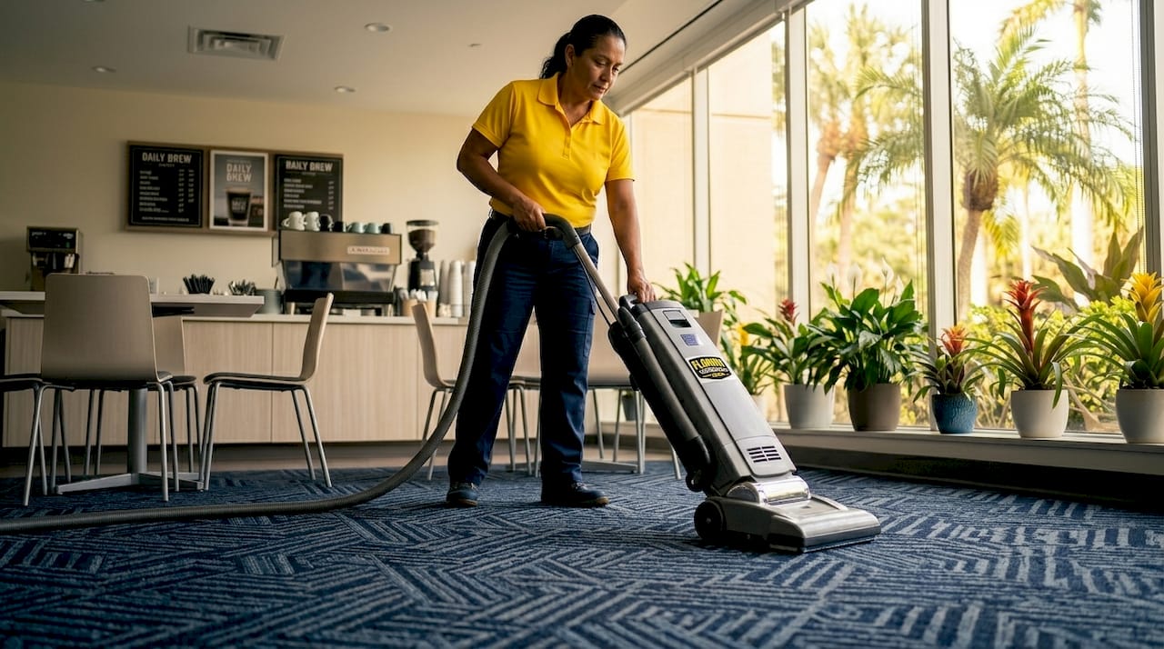 Office worker vacuuming busy corridor carpet