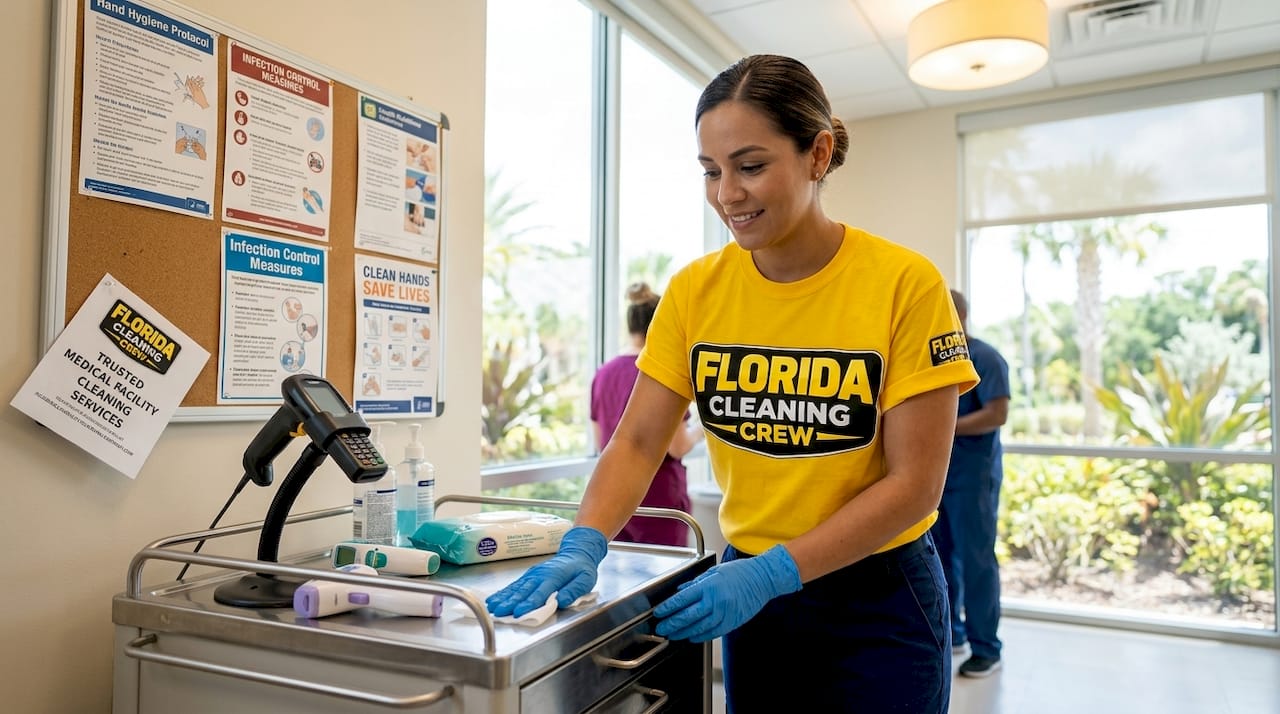 Healthcare worker cleaning medical equipment