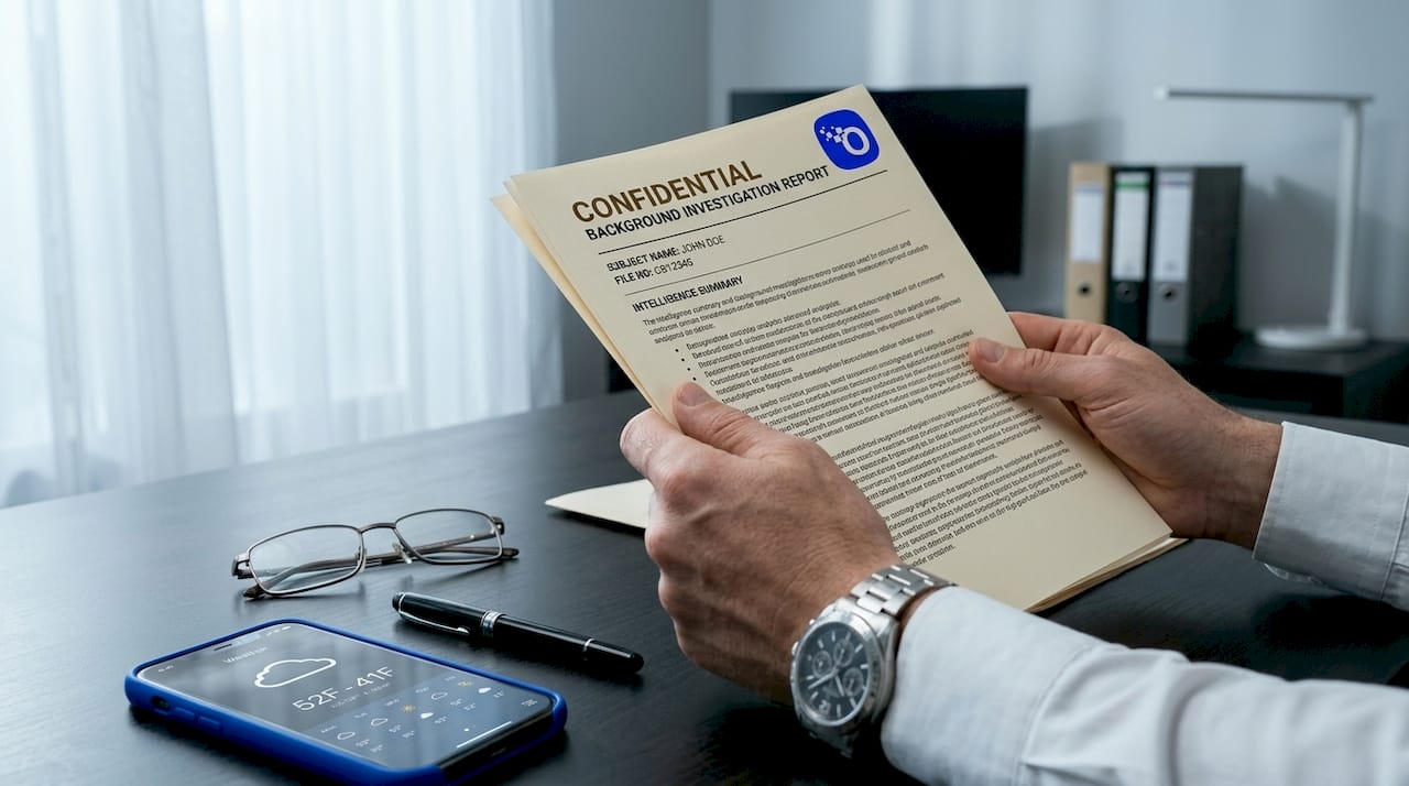 Hands reviewing confidential vetting report documents