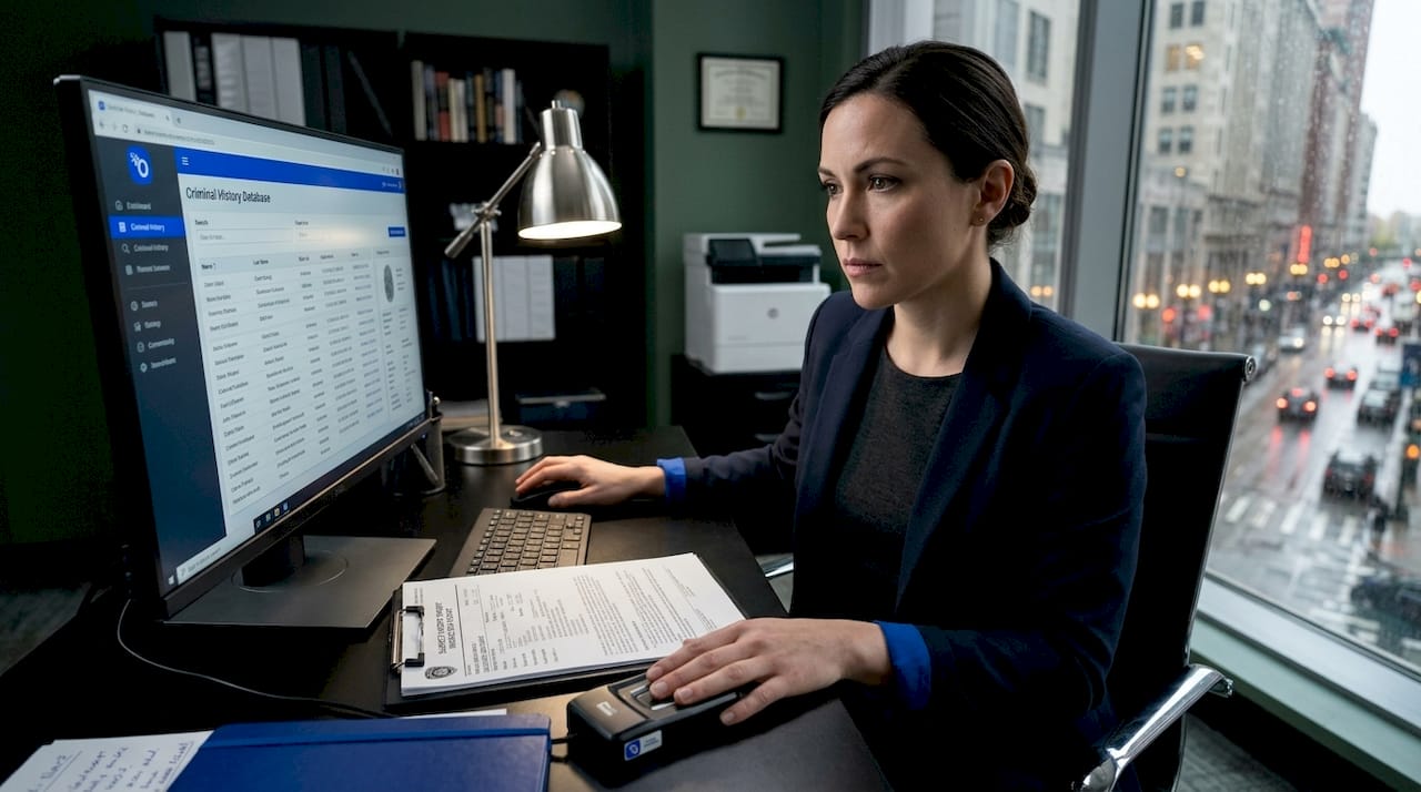 Analyst reviewing criminal records at workstation