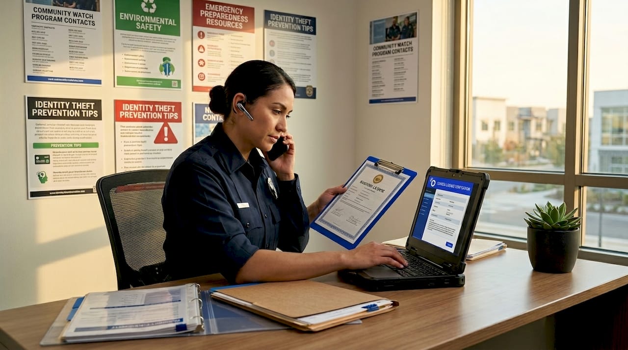 Officer verifying credentials via phone and laptop